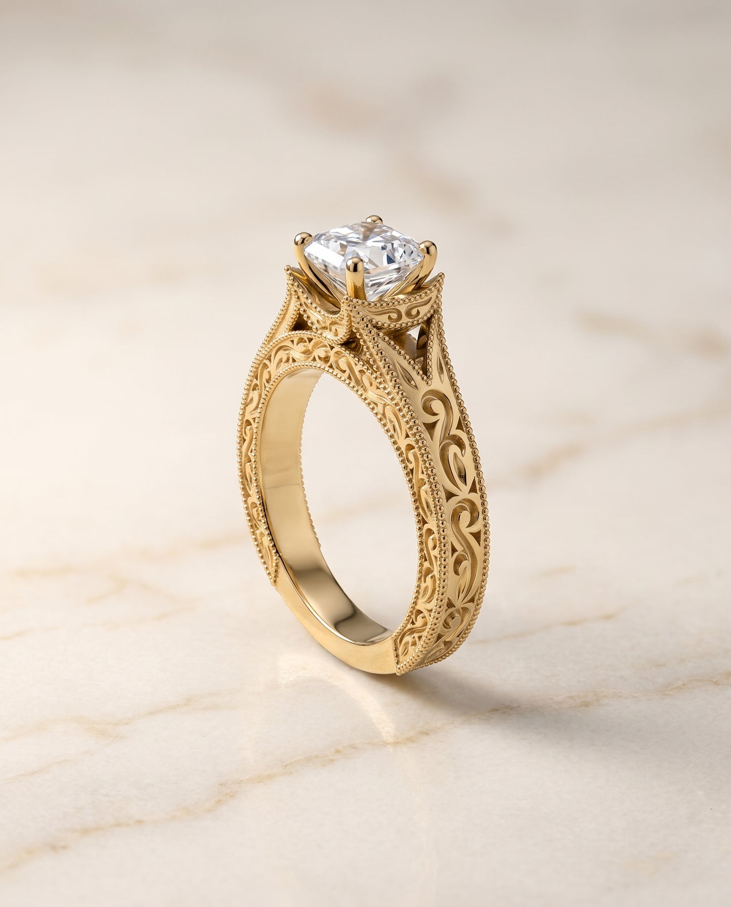 The Janis Hand Engraved Milgrain Vintage Solitaire Asscher Cut Engagement Ring Setting in 18K Yellow Gold