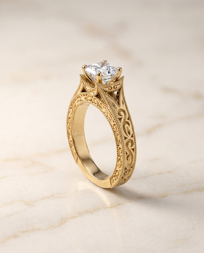 The Janis Hand Engraved Milgrain Vintage Solitaire Asscher Cut Engagement Ring Setting in 18K Yellow Gold