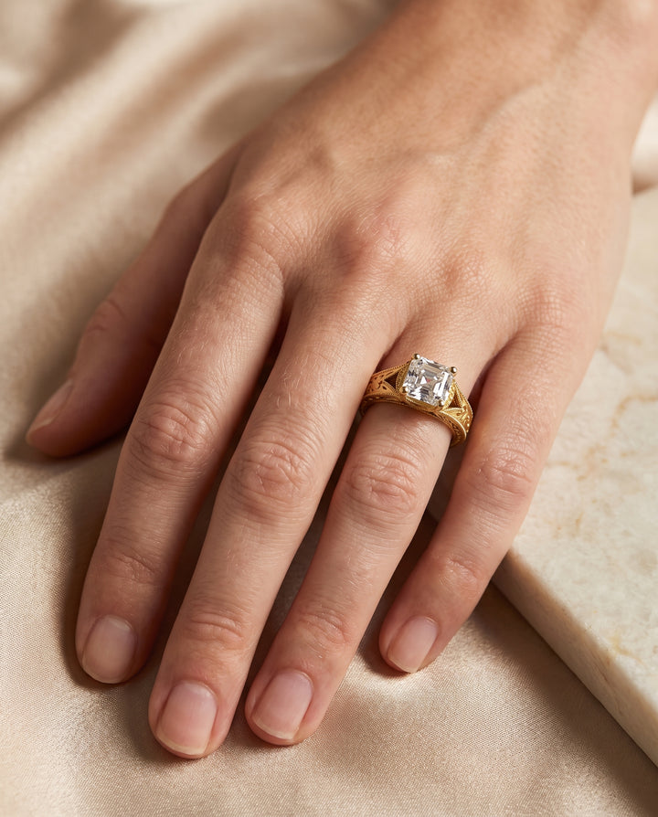 The Janis Hand Engraved Milgrain Vintage Solitaire Asscher Cut Engagement Ring Setting in 18K Yellow Gold