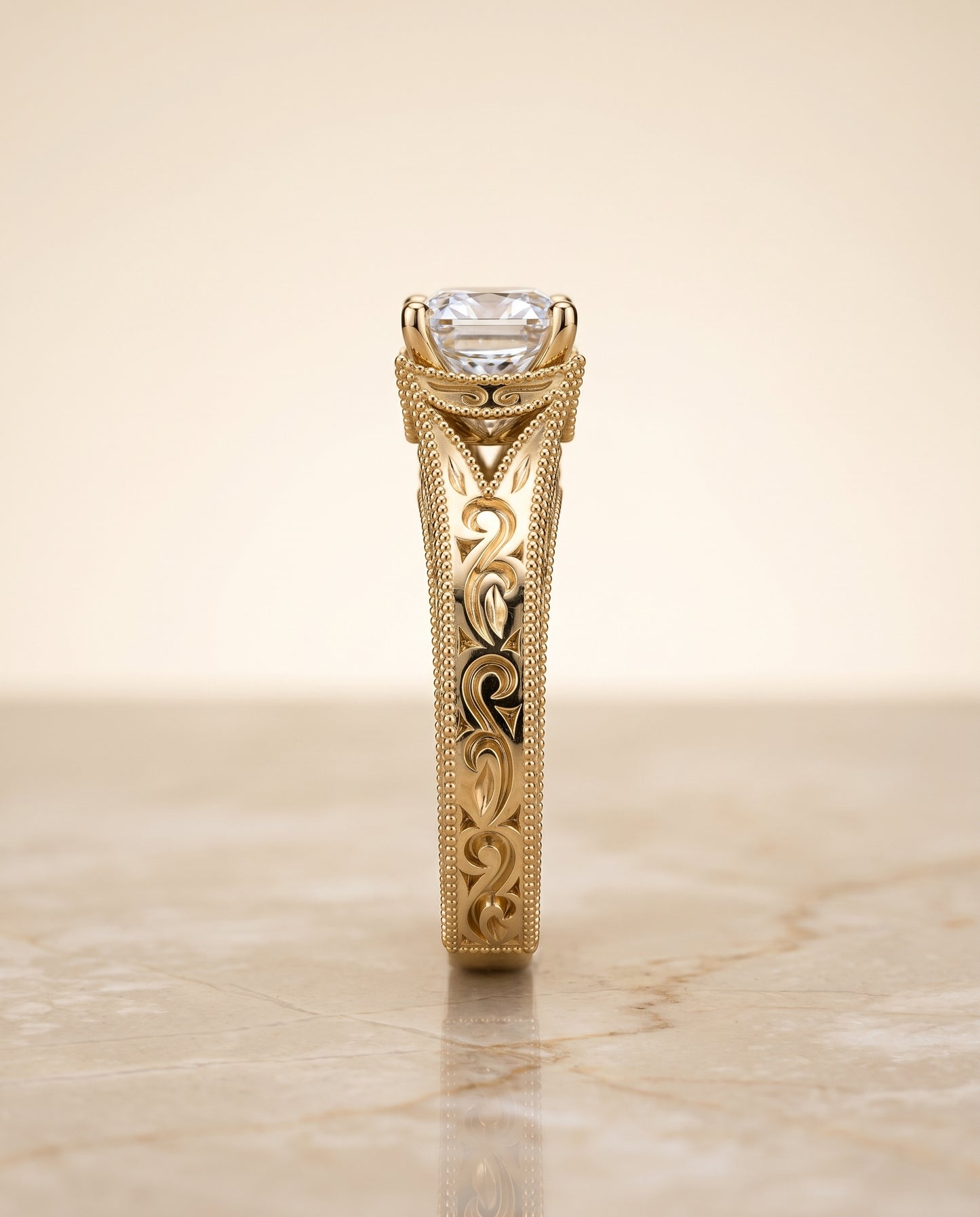 The Janis Hand Engraved Milgrain Vintage Solitaire Asscher Cut Engagement Ring Setting in 18K Yellow Gold