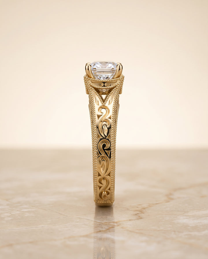 The Janis Hand Engraved Milgrain Vintage Solitaire Asscher Cut Engagement Ring Setting in 18K Yellow Gold