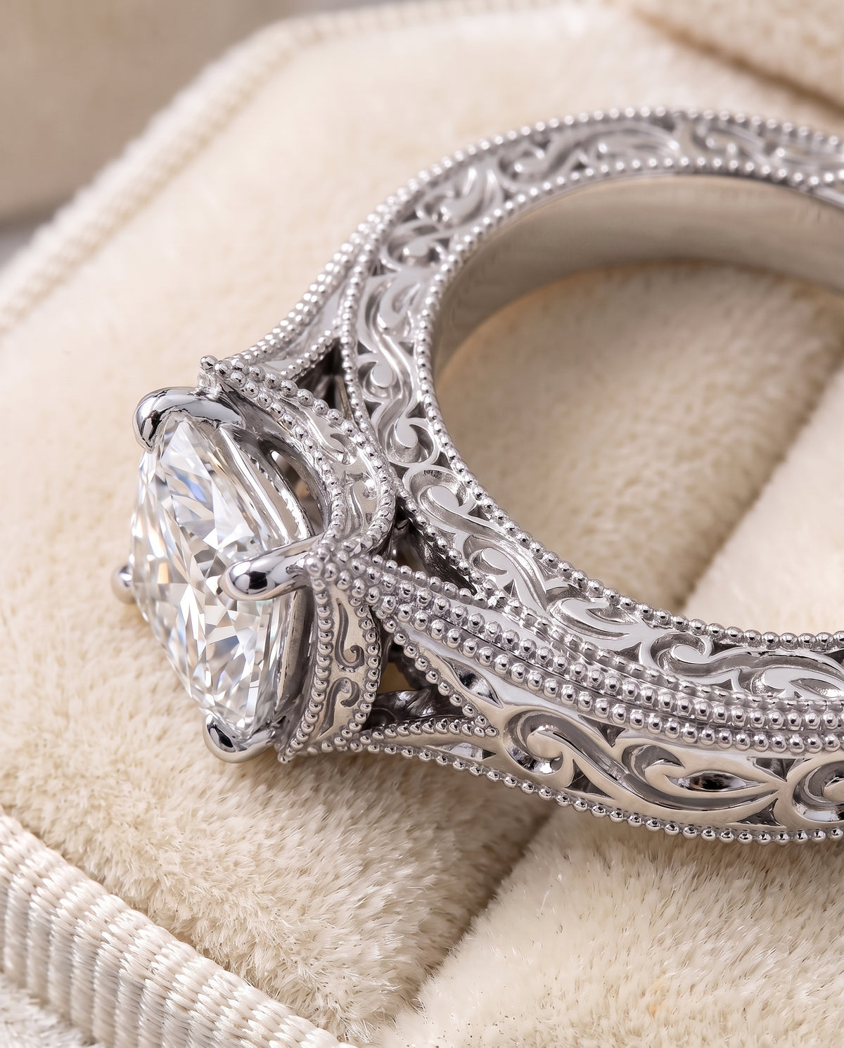 The Janis Hand Engraved Milgrain Vintage Solitaire Asscher Cut Engagement Ring Setting in Platinum