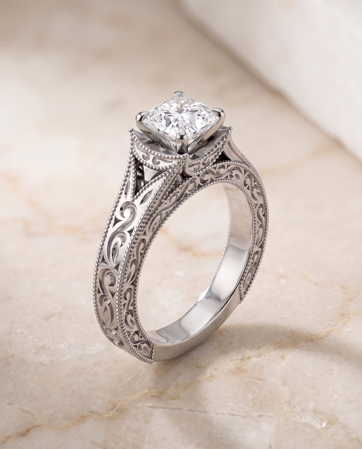The Janis Hand Engraved Milgrain Vintage Solitaire Asscher Cut Engagement Ring Setting in Platinum