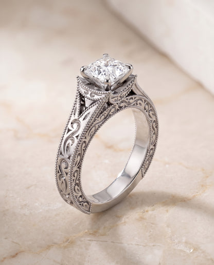 The Janis Hand Engraved Milgrain Vintage Solitaire Asscher Cut Engagement Ring Setting in Platinum