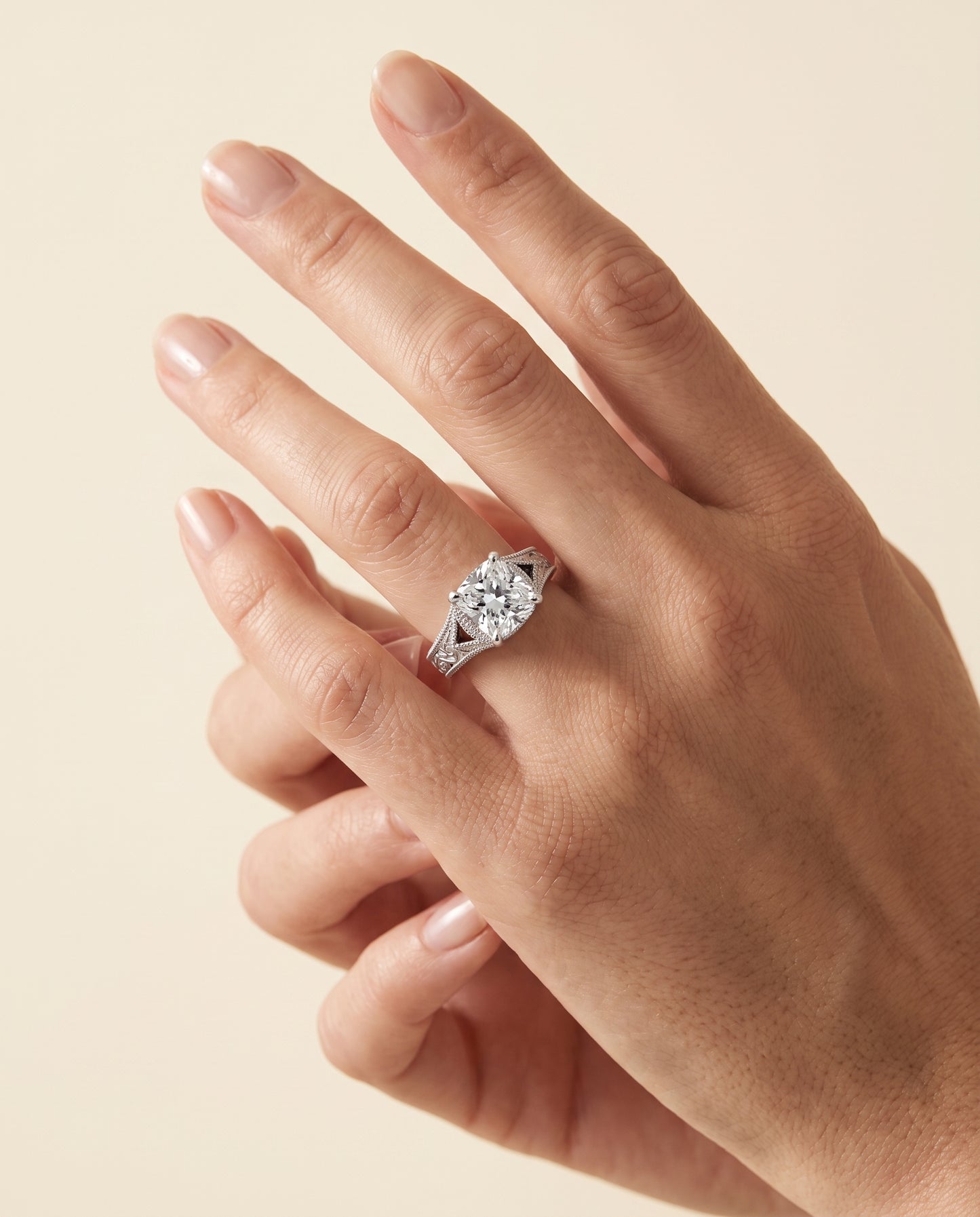 The Janis Hand Engraved Milgrain Vintage Solitaire Asscher Cut Engagement Ring Setting in Platinum