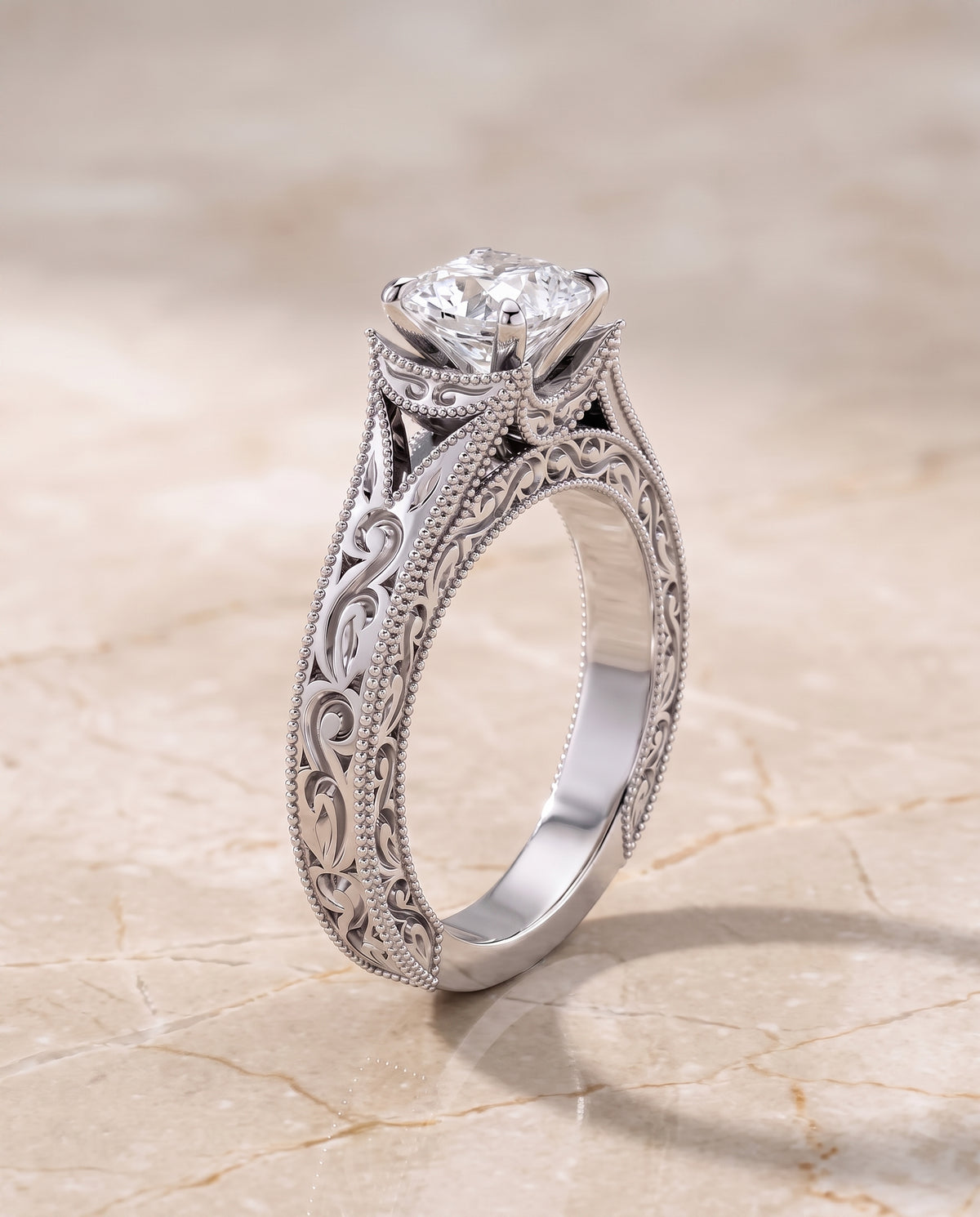 The Janis Hand Engraved Milgrain Vintage Solitaire Asscher Cut Engagement Ring Setting in Platinum