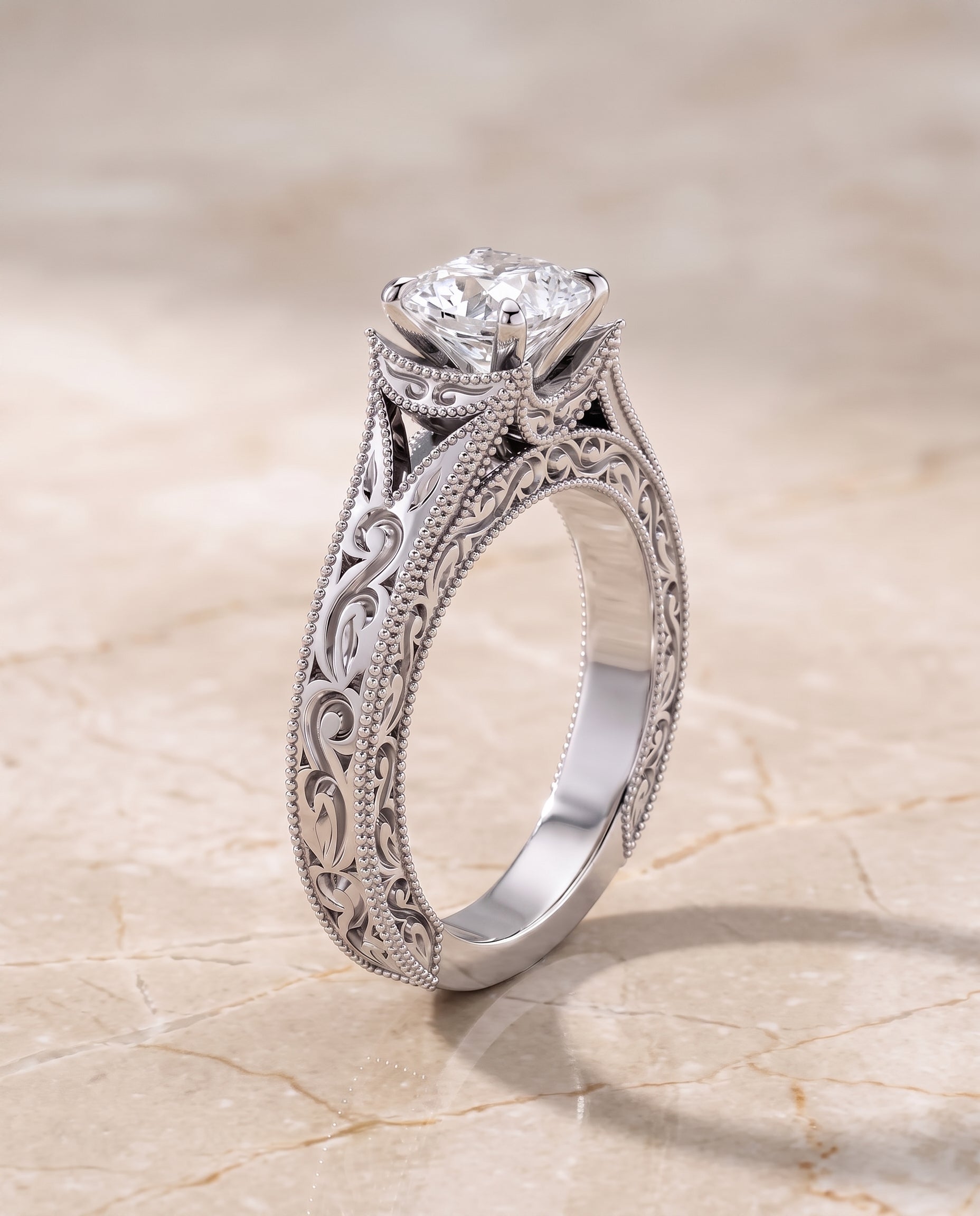 The Janis Hand Engraved Milgrain Vintage Solitaire Asscher Cut Engagement Ring Setting in 18K White Gold