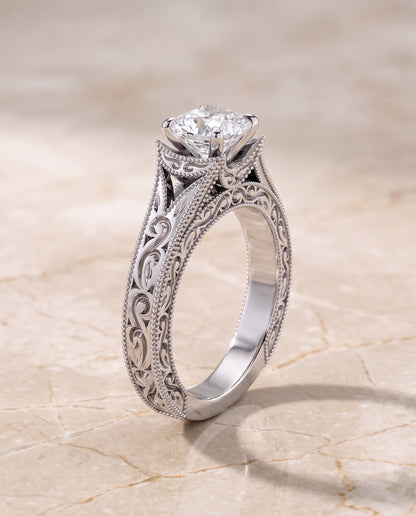 The Janis Hand Engraved Milgrain Vintage Solitaire Asscher Cut Engagement Ring Setting in Platinum