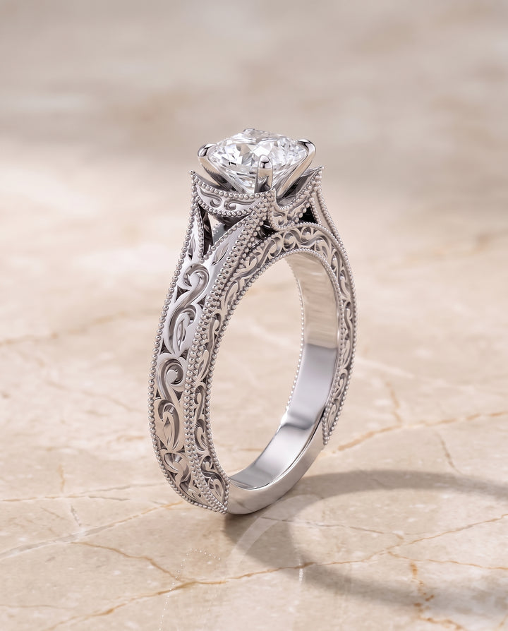 The Janis Hand Engraved Milgrain Vintage Solitaire Asscher Cut Engagement Ring Setting in Platinum