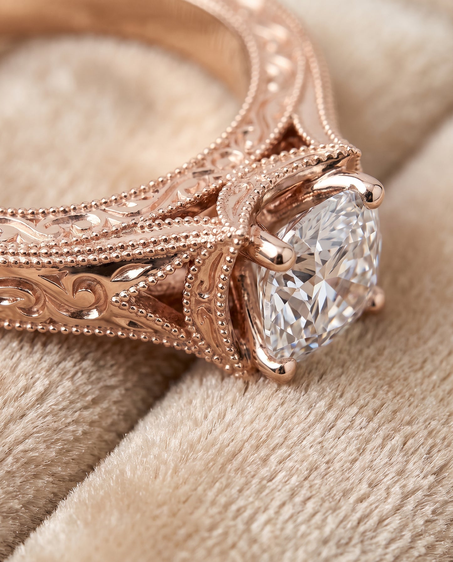 The Janis Hand Engraved Milgrain Vintage Solitaire Cushion Cut Engagement Ring Setting in 14K Rose Gold