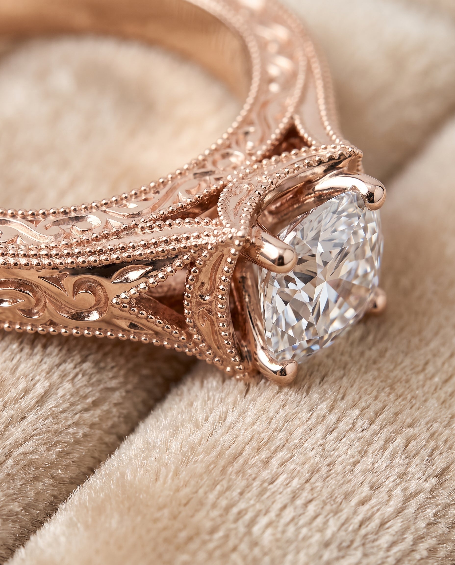 The Janis Hand Engraved Milgrain Vintage Solitaire Cushion Cut Engagement Ring Setting in 14K Rose Gold