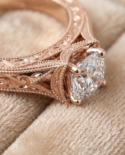 The Janis Hand Engraved Milgrain Vintage Solitaire Cushion Cut Engagement Ring Setting in 14K Rose Gold