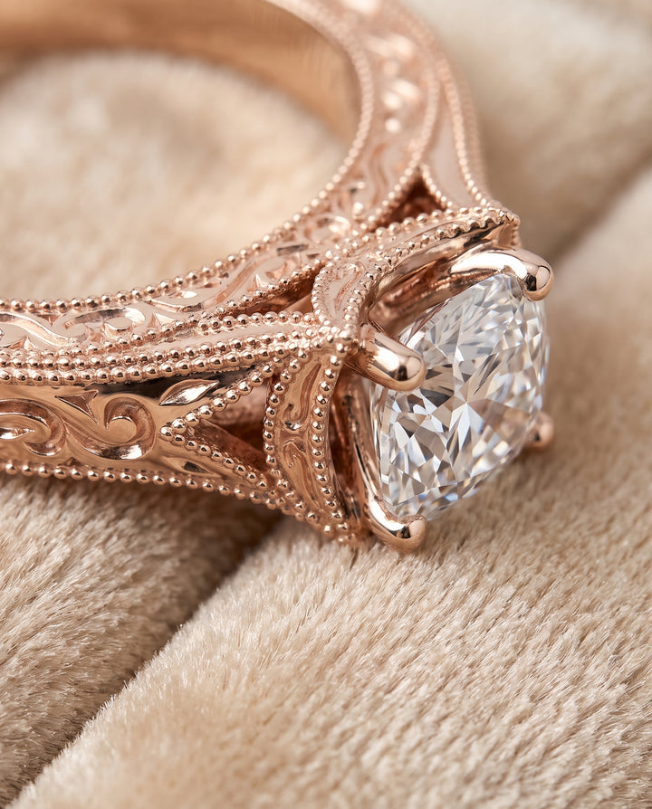 The Janis Hand Engraved Milgrain Vintage Solitaire Cushion Cut Engagement Ring Setting in 14K Rose Gold