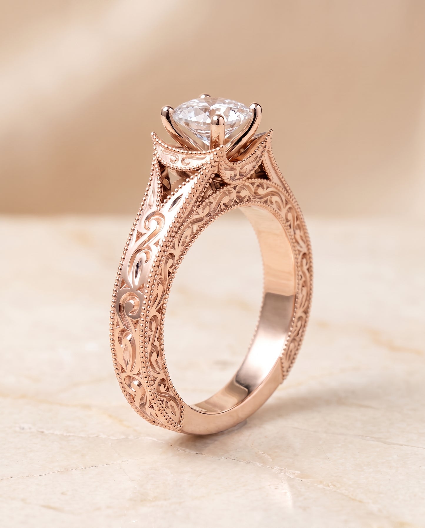 The Janis Hand Engraved Milgrain Vintage Solitaire Cushion Cut Engagement Ring Setting in 14K Rose Gold