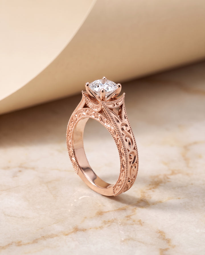 The Janis Hand Engraved Milgrain Vintage Solitaire Cushion Cut Engagement Ring Setting in 14K Rose Gold
