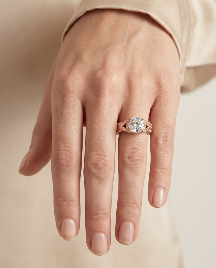 The Janis Hand Engraved Milgrain Vintage Solitaire Cushion Cut Engagement Ring Setting in 14K Rose Gold