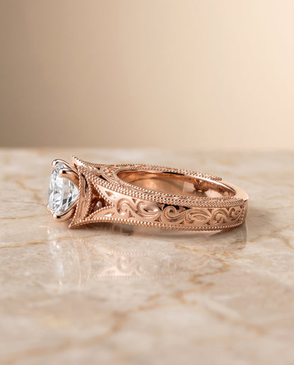 The Janis Hand Engraved Milgrain Vintage Solitaire Cushion Cut Engagement Ring Setting in 14K Rose Gold