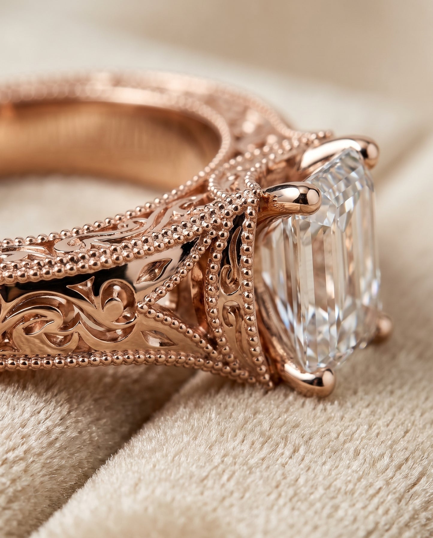 The Janis Hand Engraved Milgrain Vintage Solitaire Emerald Cut Engagement Ring Setting in 14K Rose Gold
