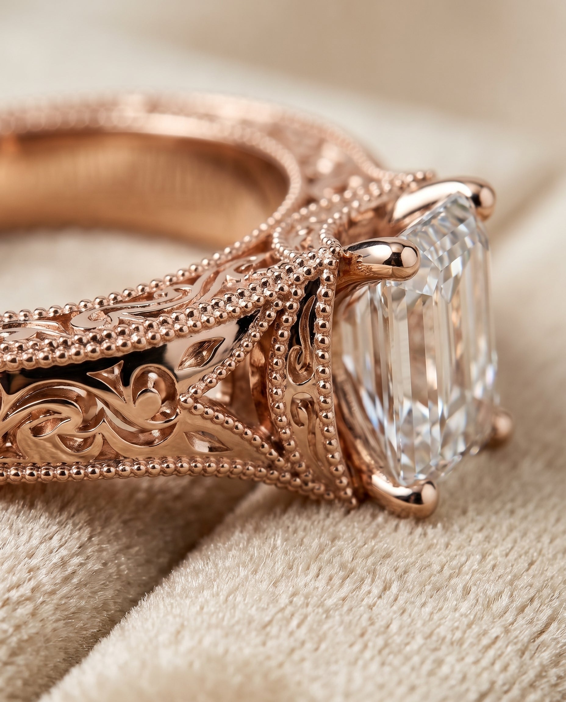 The Janis Hand Engraved Milgrain Vintage Solitaire Emerald Cut Engagement Ring Setting in 14K Rose Gold