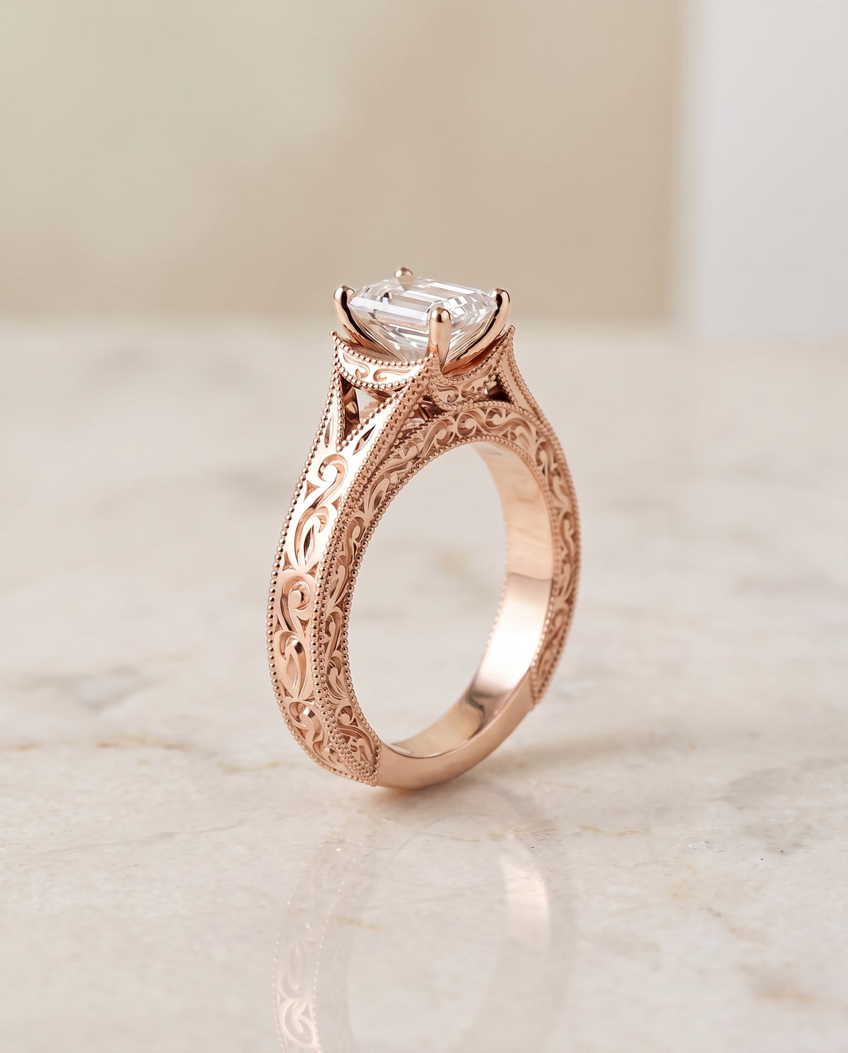 The Janis Hand Engraved Milgrain Vintage Solitaire Emerald Cut Engagement Ring Setting in 14K Rose Gold