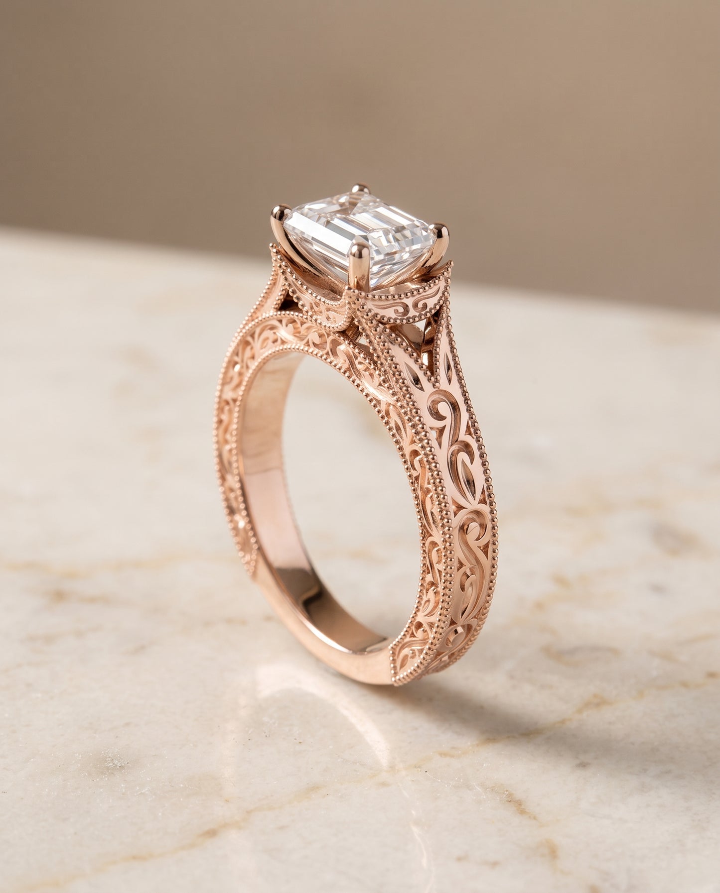The Janis Hand Engraved Milgrain Vintage Solitaire Emerald Cut Engagement Ring Setting in 14K Rose Gold