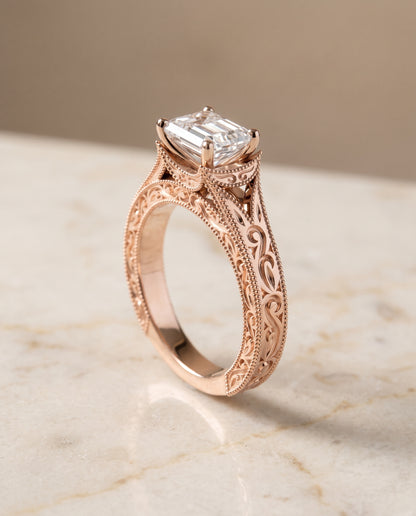 The Janis Hand Engraved Milgrain Vintage Solitaire Emerald Cut Engagement Ring Setting in 14K Rose Gold