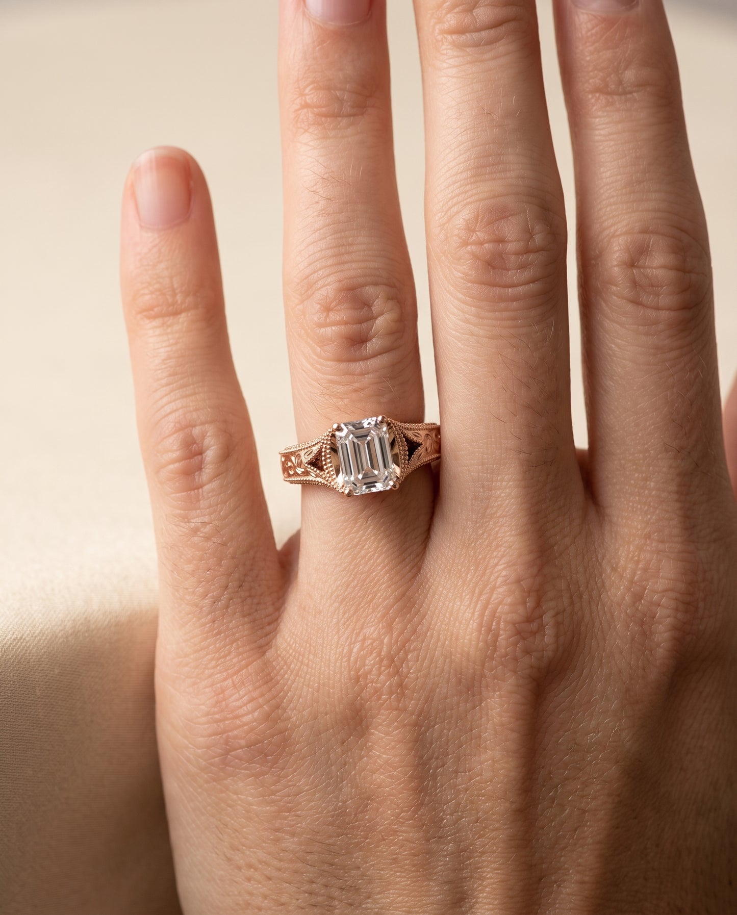 The Janis Hand Engraved Milgrain Vintage Solitaire Emerald Cut Engagement Ring Setting in 14K Rose Gold