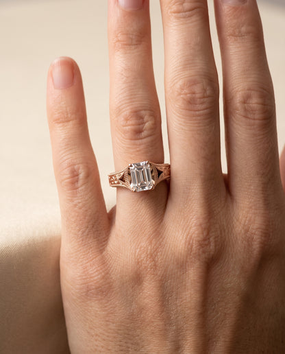 The Janis Hand Engraved Milgrain Vintage Solitaire Emerald Cut Engagement Ring Setting in 14K Rose Gold