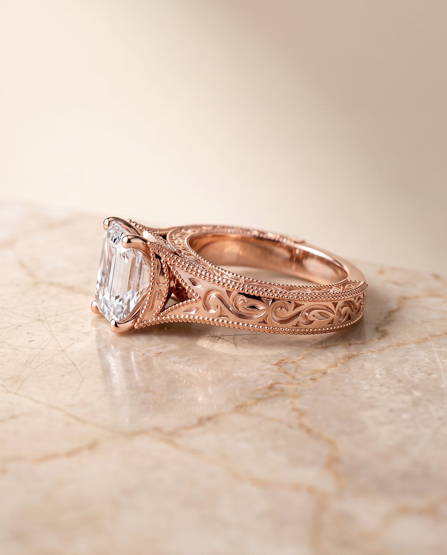 The Janis Hand Engraved Milgrain Vintage Solitaire Emerald Cut Engagement Ring Setting in 14K Rose Gold