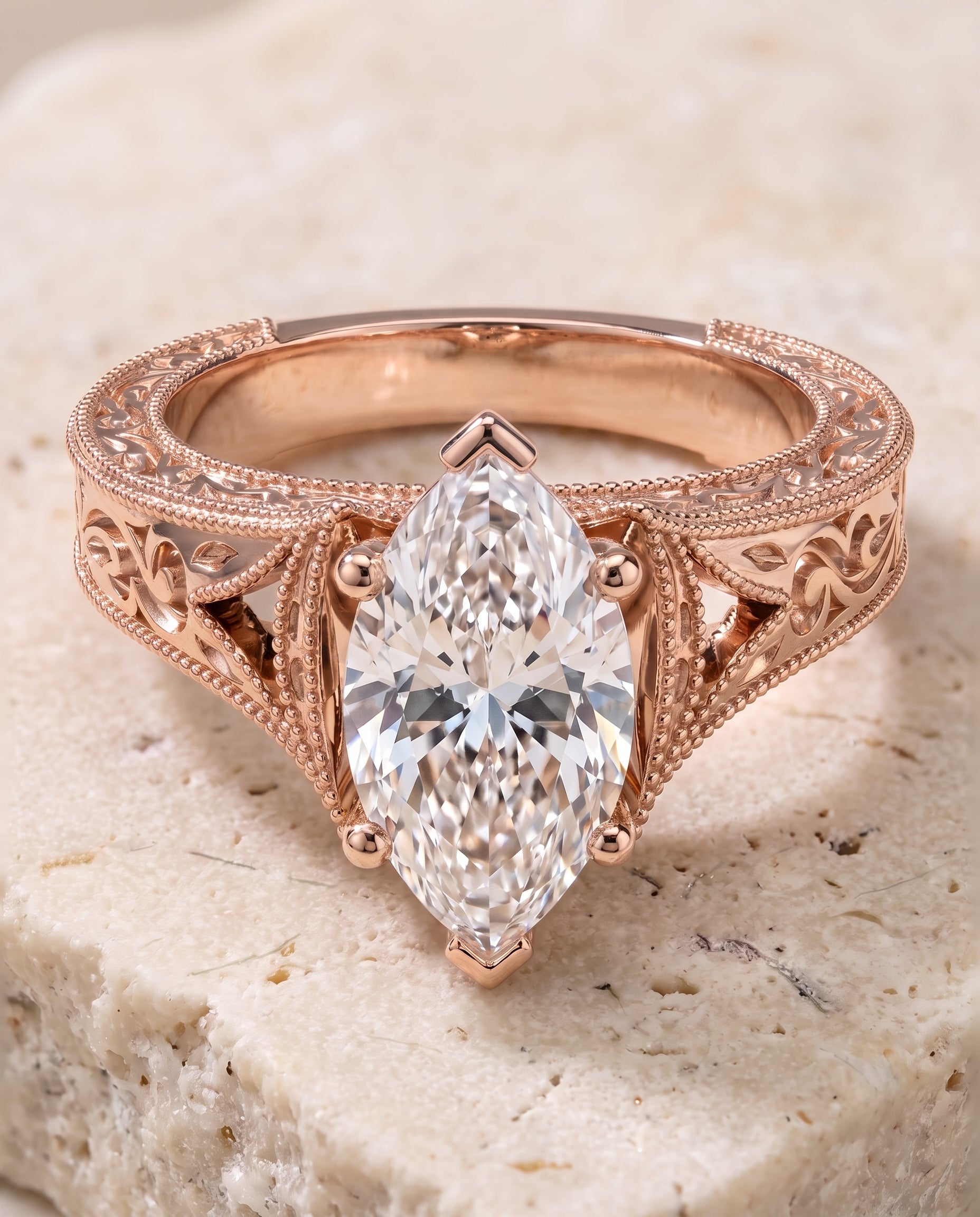 The Janis Hand Engraved Milgrain Vintage Solitaire Marquise Engagement Ring Setting in 14K Rose Gold