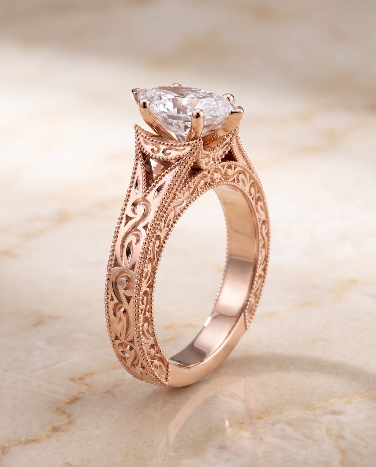 The Janis Hand Engraved Milgrain Vintage Solitaire Marquise Engagement Ring Setting in 14K Rose Gold