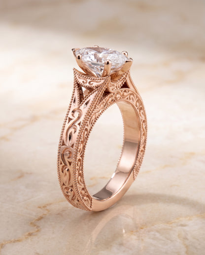 The Janis Hand Engraved Milgrain Vintage Solitaire Marquise Engagement Ring Setting in 14K Rose Gold
