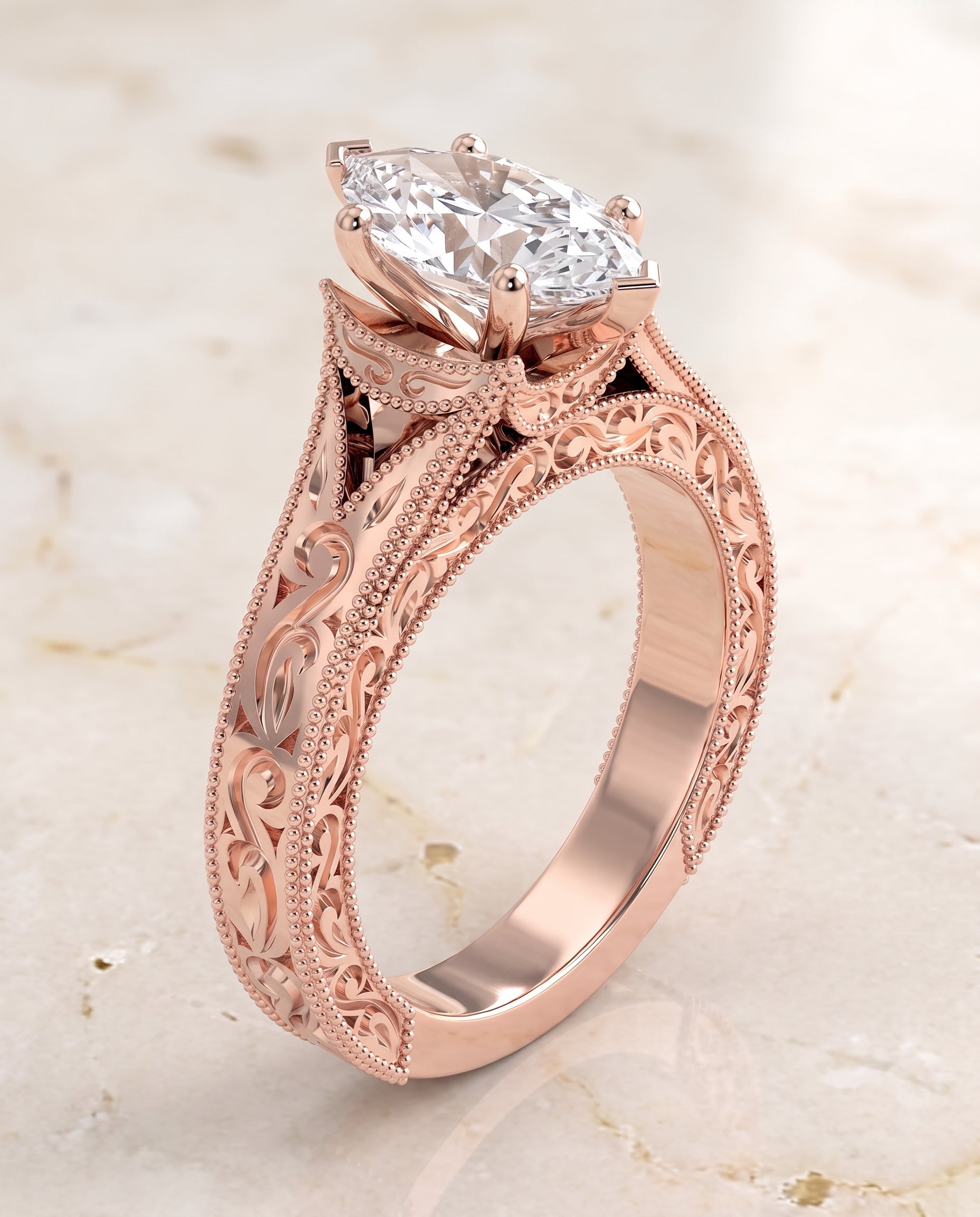 The Janis Hand Engraved Milgrain Vintage Solitaire Marquise Engagement Ring Setting in 14K Rose Gold