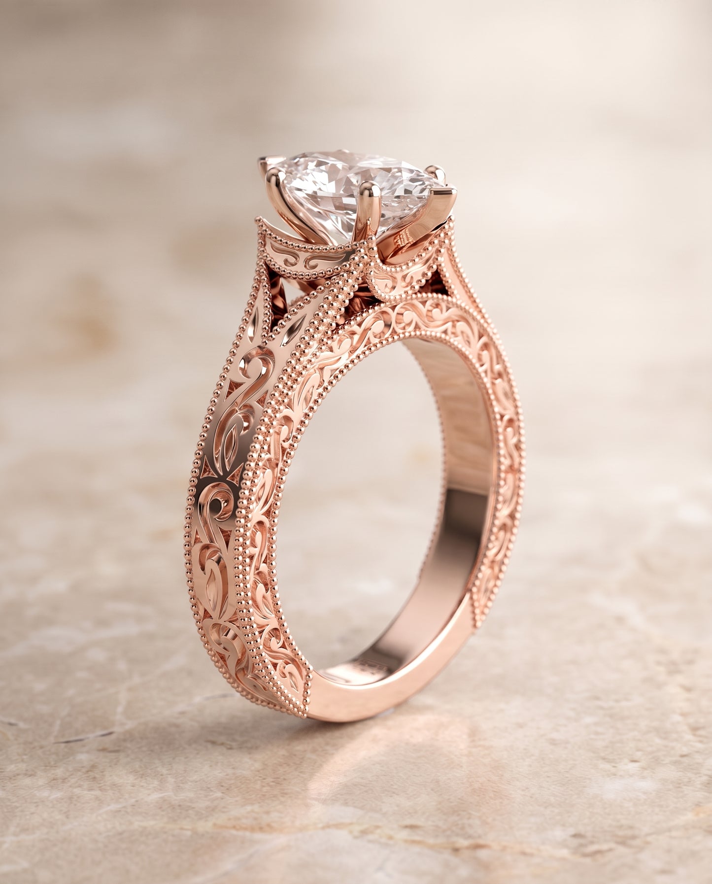 The Janis Hand Engraved Milgrain Vintage Solitaire Marquise Engagement Ring Setting in 14K Rose Gold