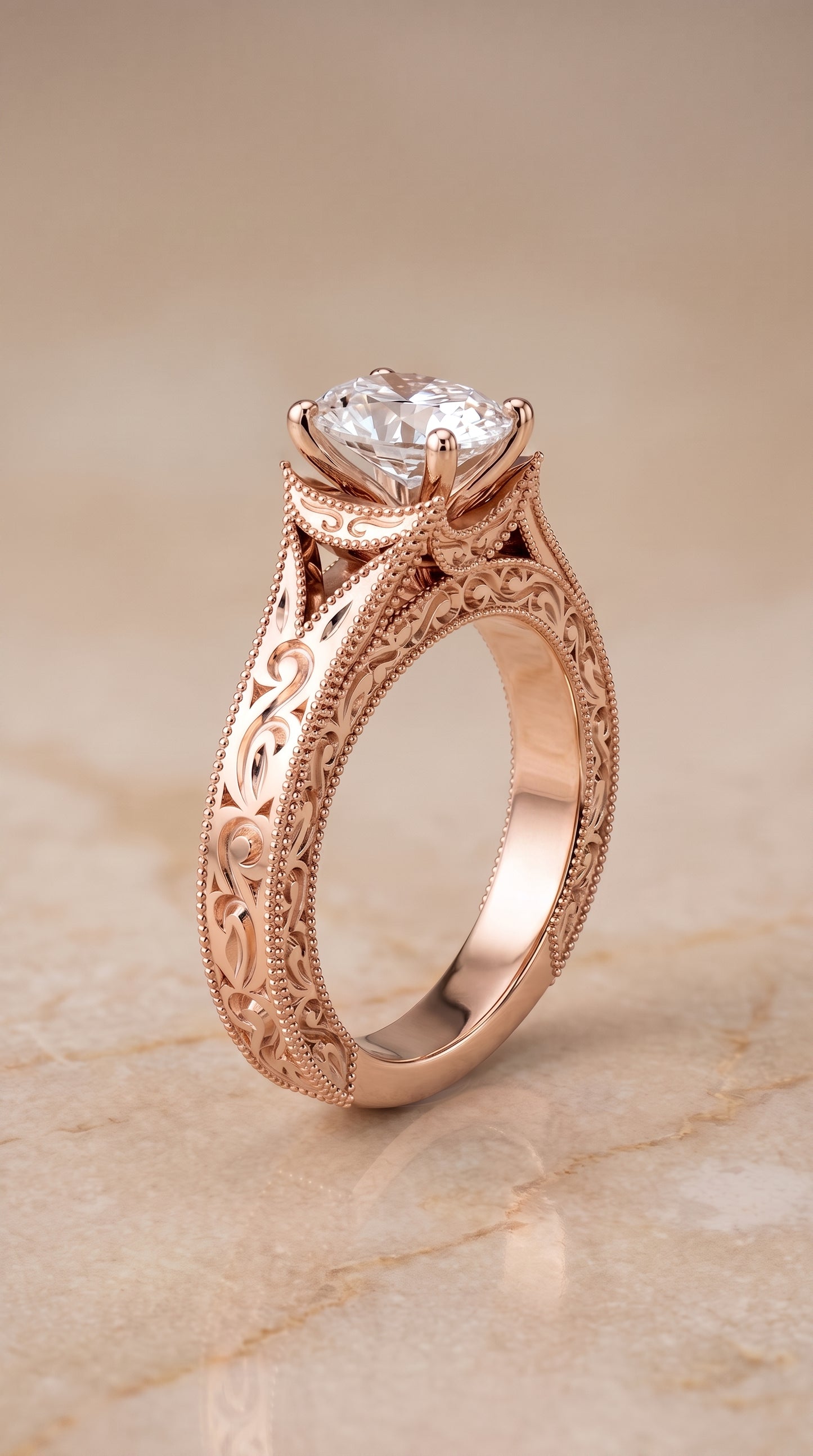 The Janis Hand Engraved Milgrain Vintage Solitaire Oval Engagement Ring Setting in 14K Rose Gold