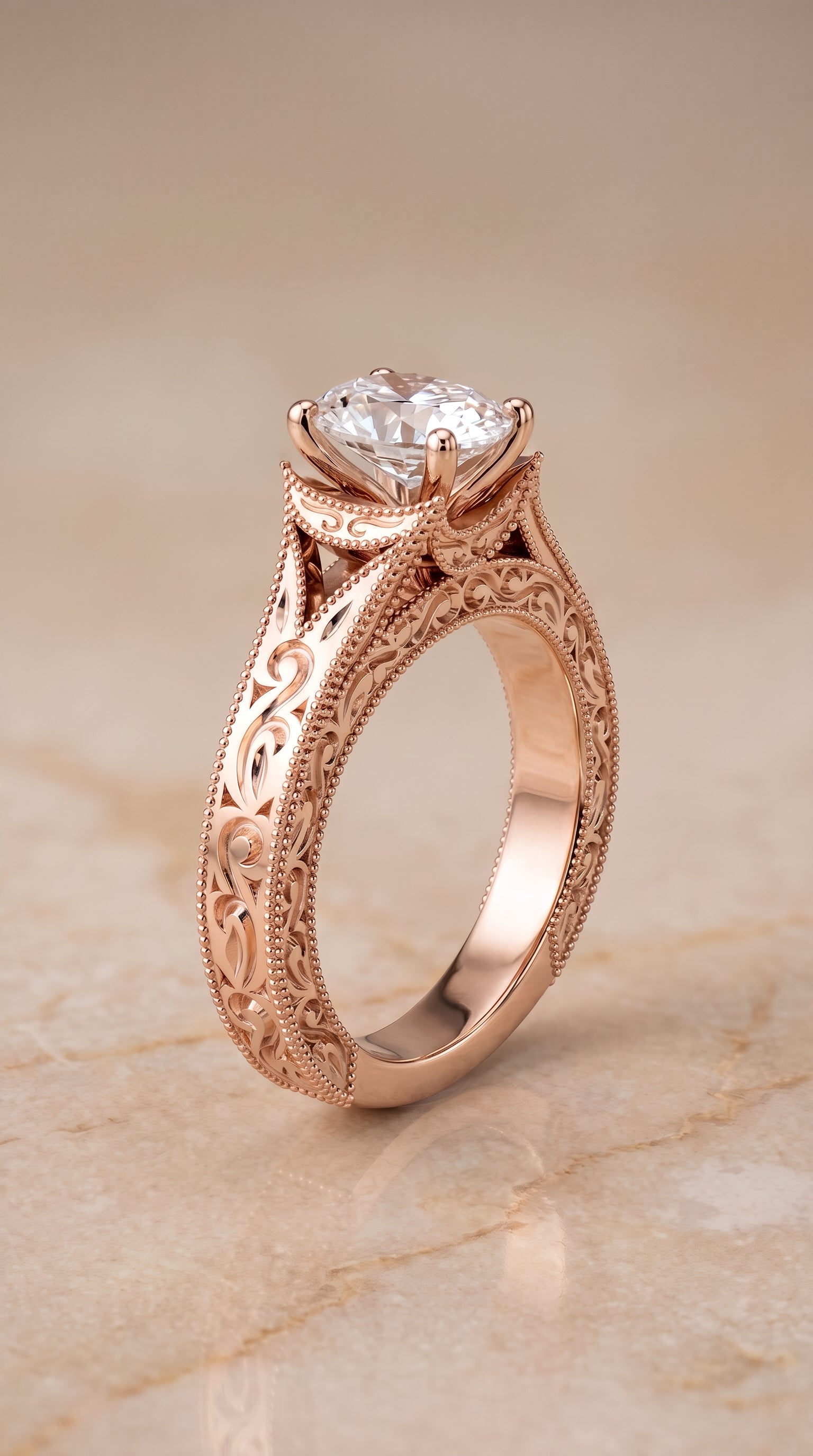 Hand Engraved Milgrain Vintage Solitaire styling on The Janis oval engagement ring setting | RockHer