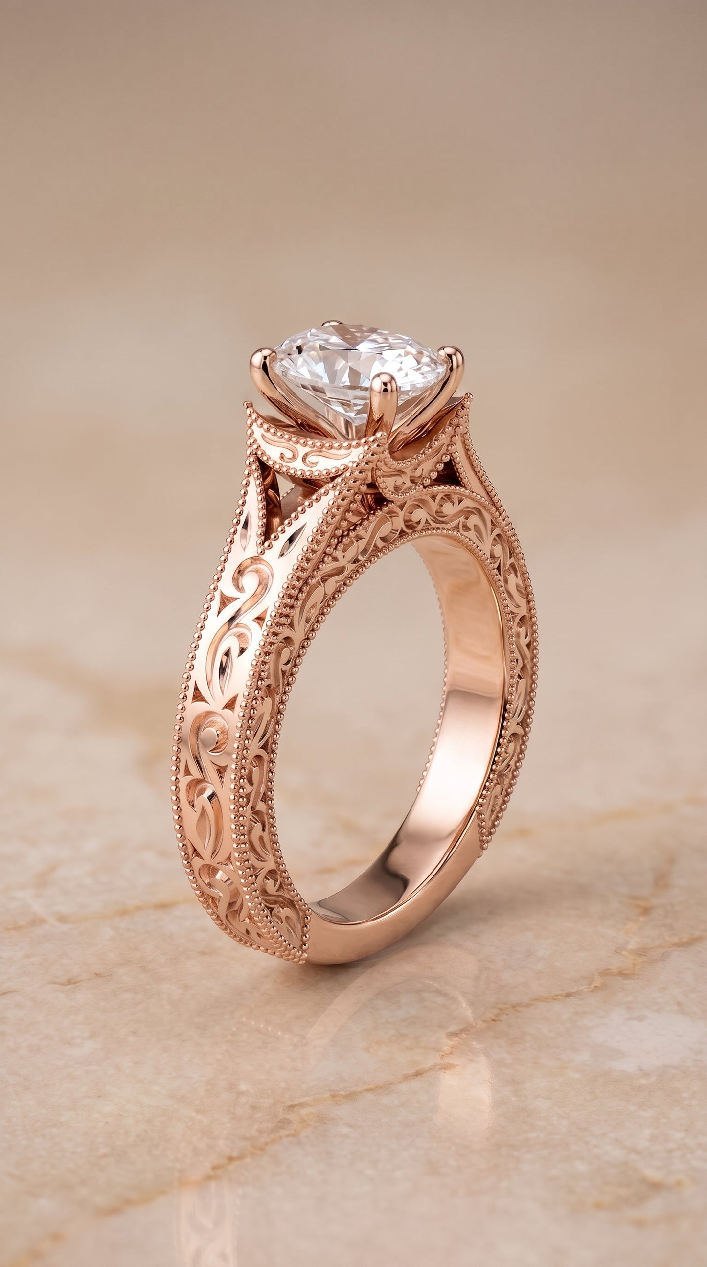 Janis Select Vintage Solitaire Oval Lab Diamond Engagement Ring in 14K Rose Gold, front view | RockHer