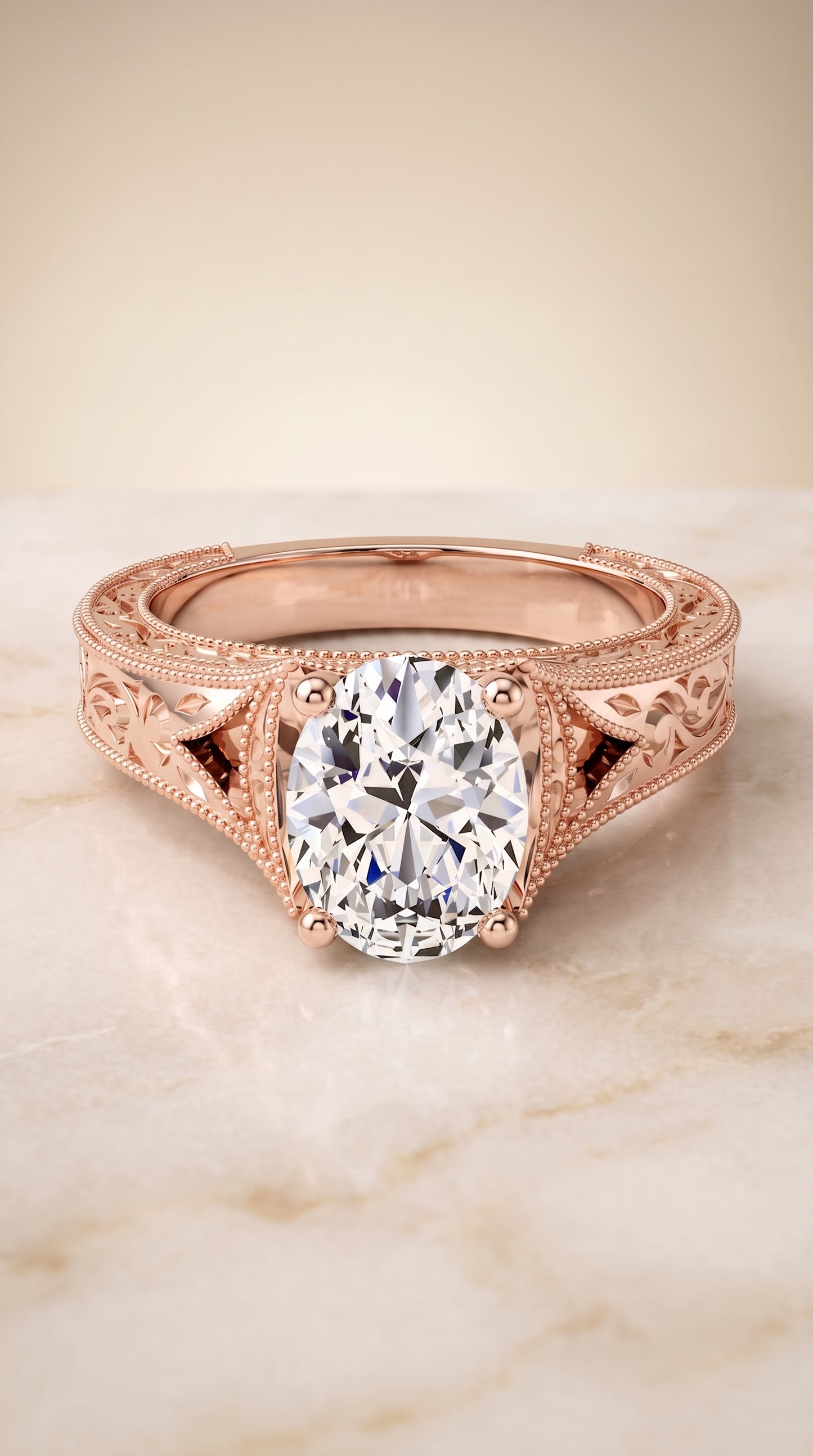The Janis Hand Engraved Milgrain Vintage Solitaire Oval Engagement Ring Setting in 14K Rose Gold