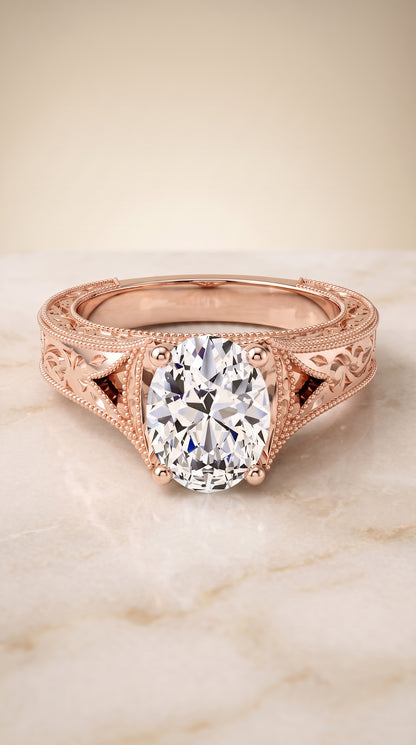 The Janis Hand Engraved Milgrain Vintage Solitaire Oval Engagement Ring Setting in 14K Rose Gold