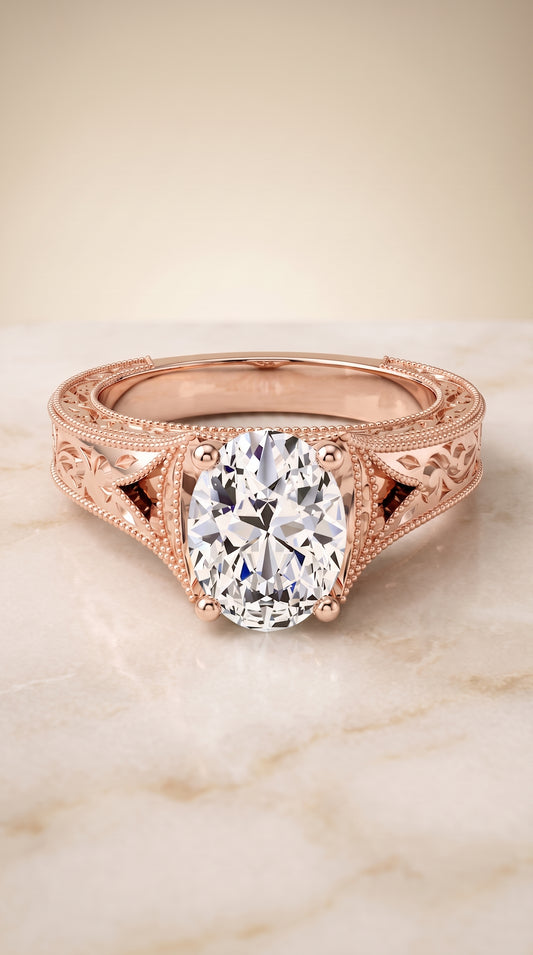 The Janis Hand Engraved Milgrain Vintage Solitaire Oval Engagement Ring Setting in 14K Rose Gold