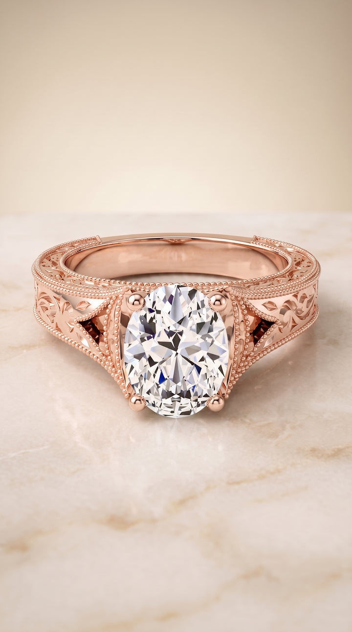The Janis Hand Engraved Milgrain Vintage Solitaire Oval Engagement Ring Setting in 14K Rose Gold