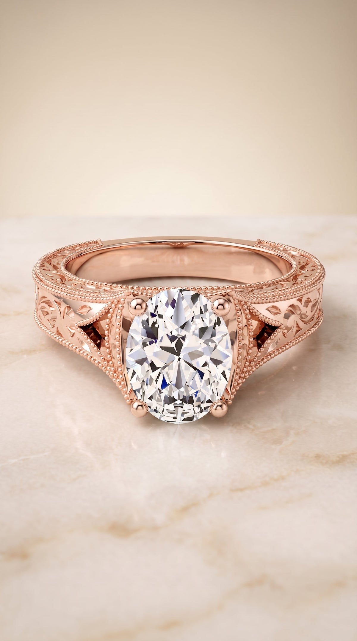 Janis Select Vintage Solitaire Oval Lab Diamond Engagement Ring in 14K Rose Gold, shown on hand, angled | RockHer