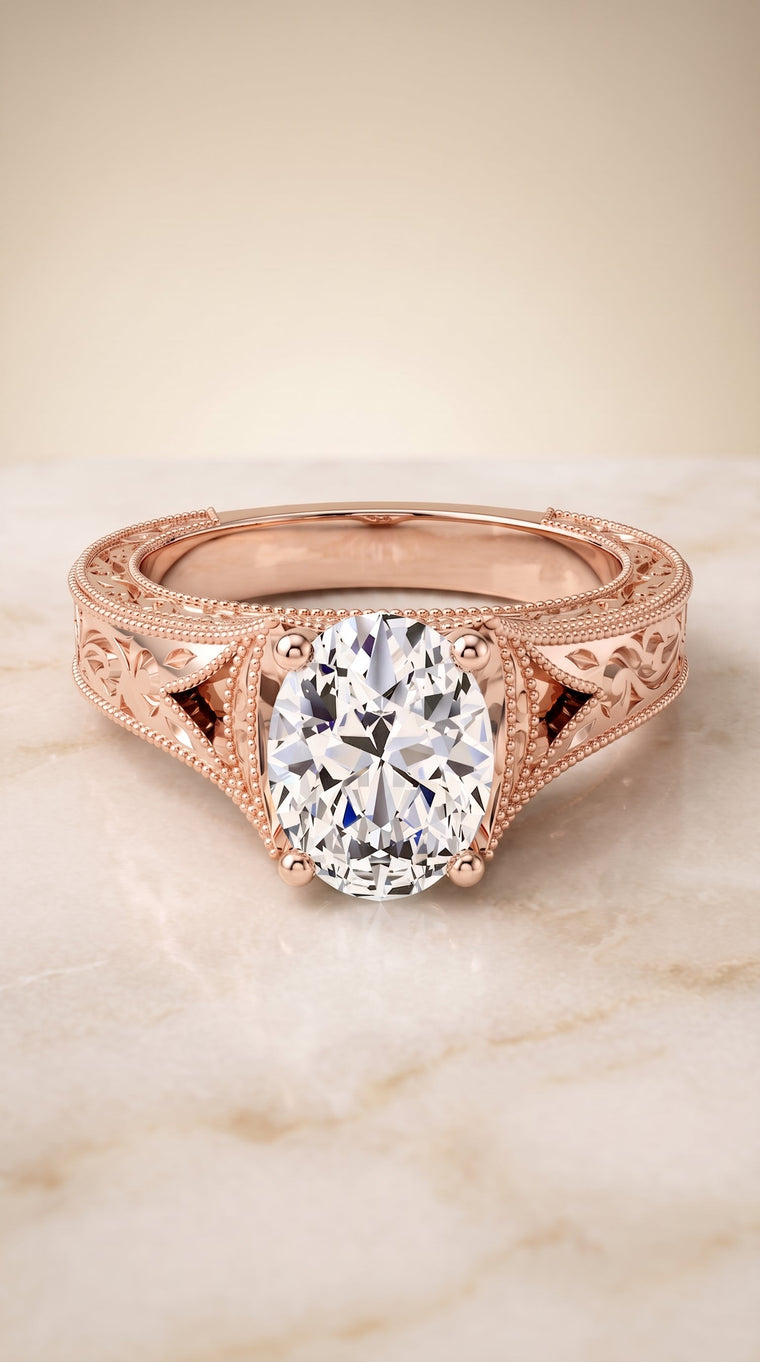 The Janis Select Vintage Solitaire Oval Lab Diamond Engagement Ring in 14K Rose Gold