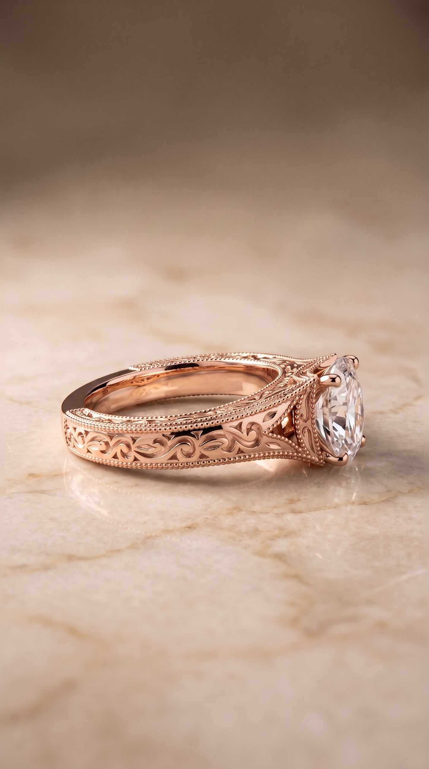 Janis Select Vintage Solitaire Oval Lab Diamond Engagement Ring in 14K Rose Gold, side view | RockHer