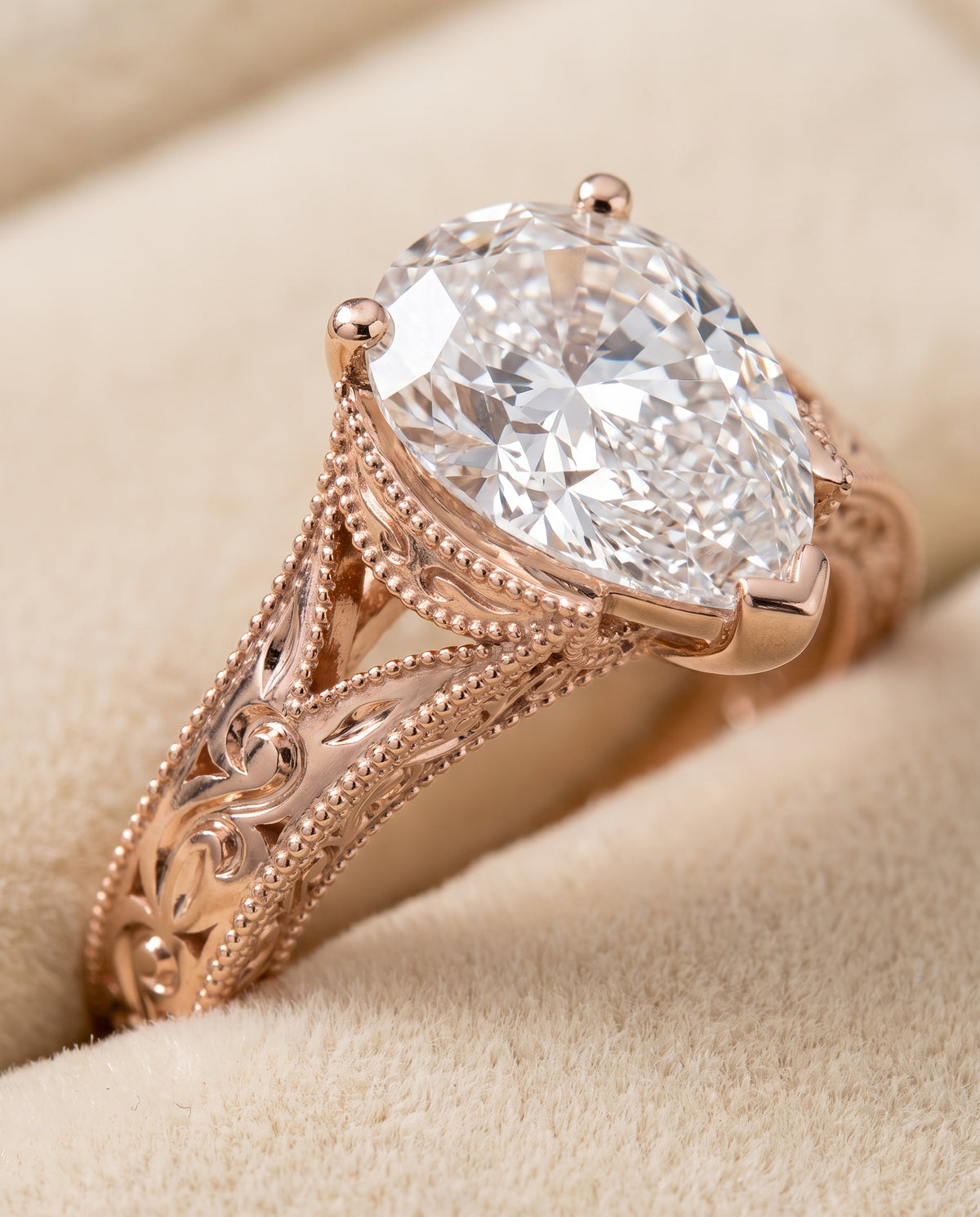 The Janis Hand Engraved Milgrain Vintage Solitaire Pear Engagement Ring Setting in 14K Rose Gold