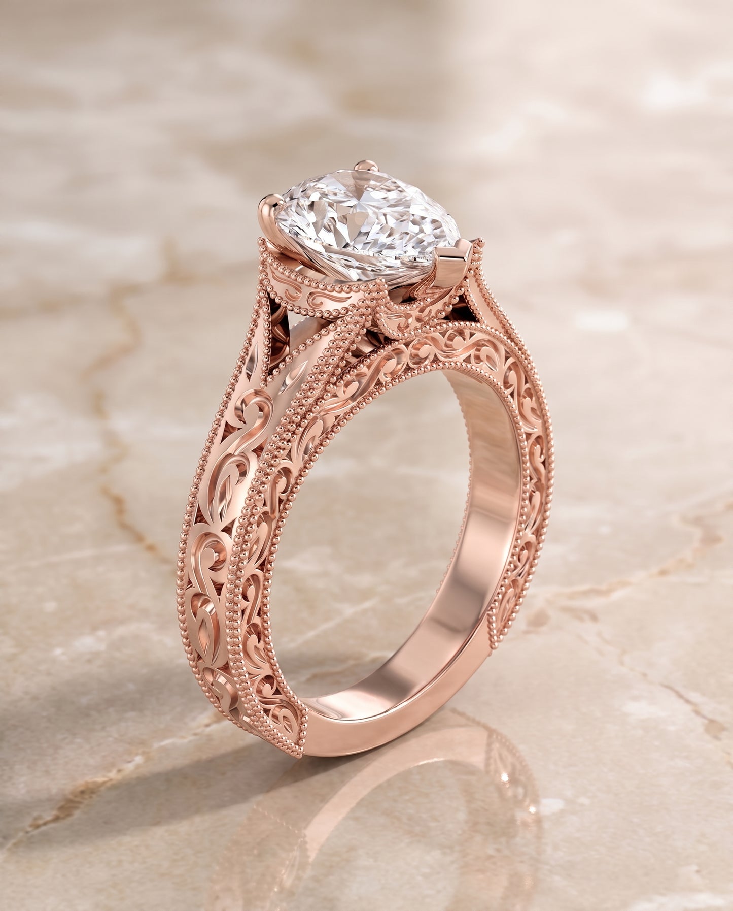 The Janis Hand Engraved Milgrain Vintage Solitaire Pear Engagement Ring Setting in 14K Rose Gold