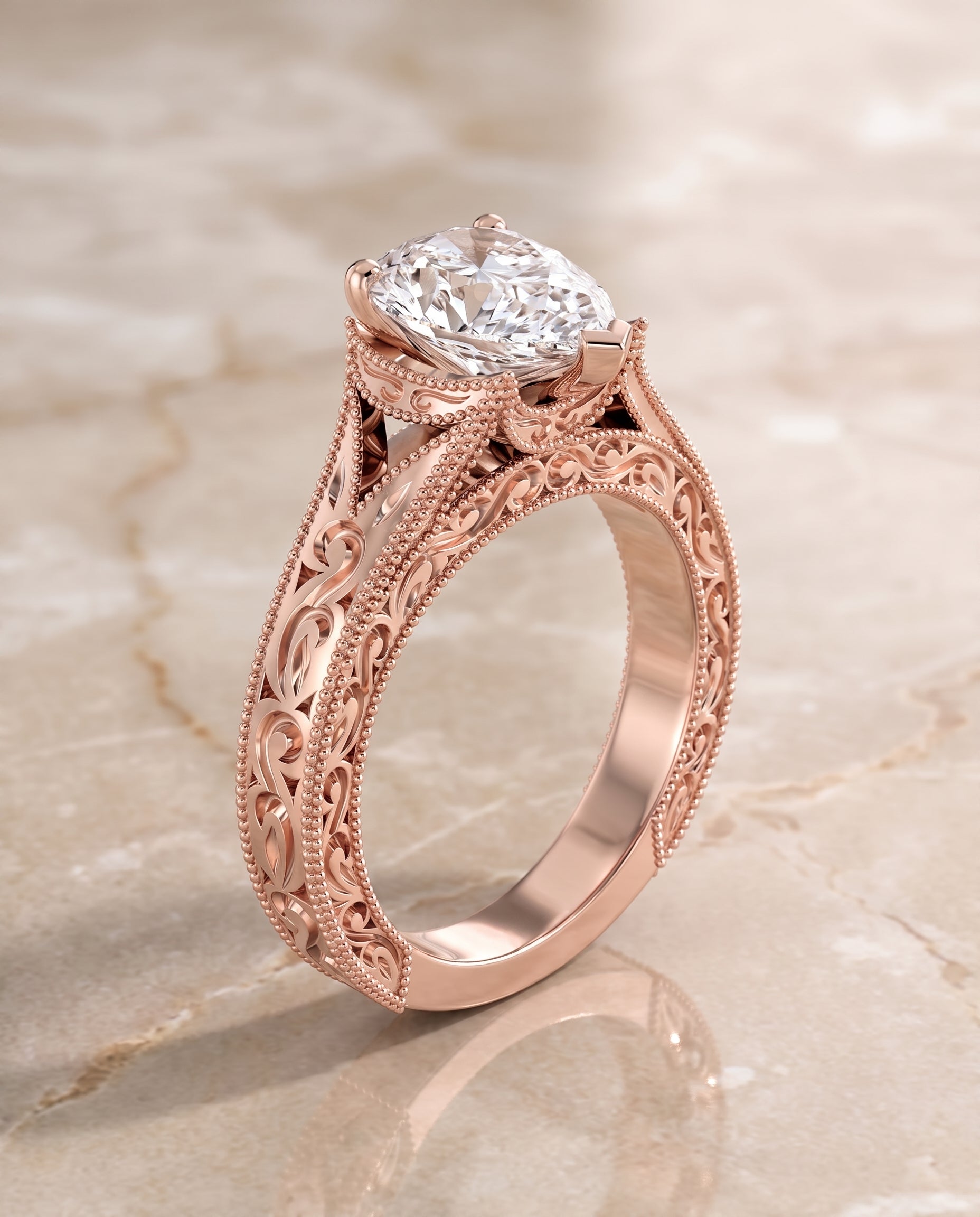 The Janis Hand Engraved Milgrain Vintage Solitaire Pear Engagement Ring Setting in 14K Rose Gold