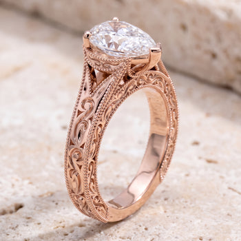 The Janis Hand Engraved Milgrain Vintage Solitaire Pear Engagement Ring Setting in 14K Rose Gold
