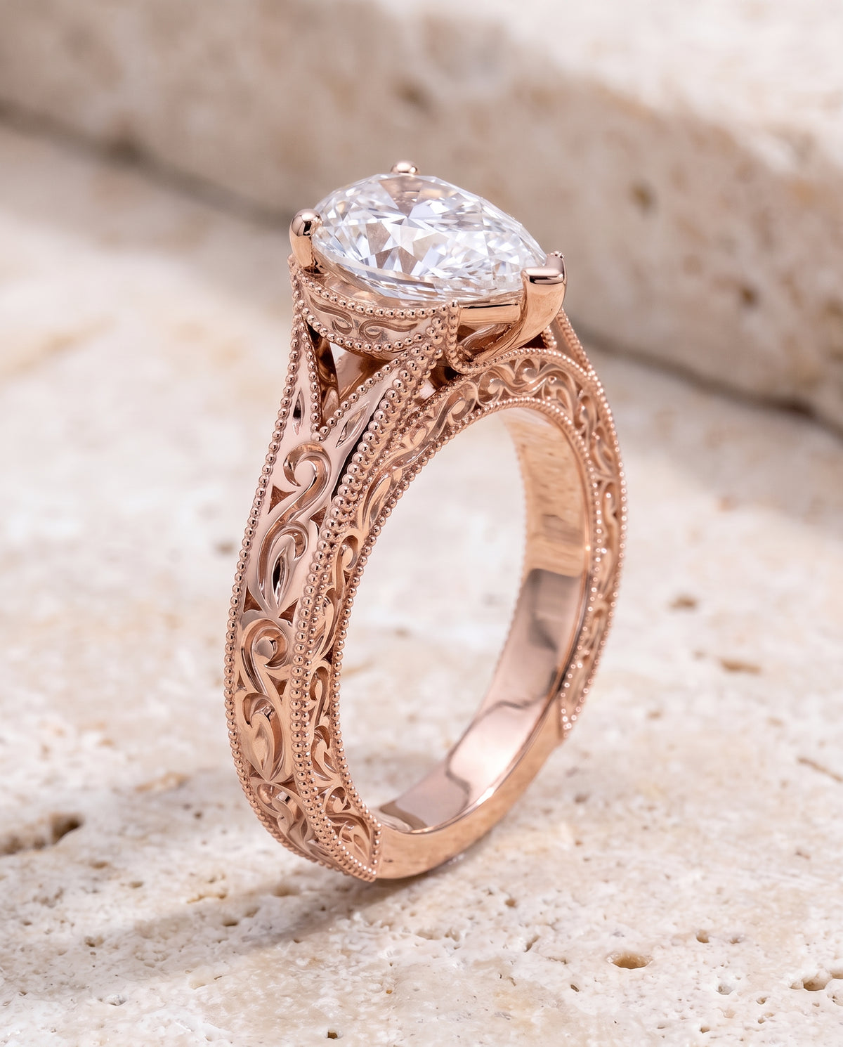 The Janis Hand Engraved Milgrain Vintage Solitaire Pear Engagement Ring Setting in 14K Rose Gold