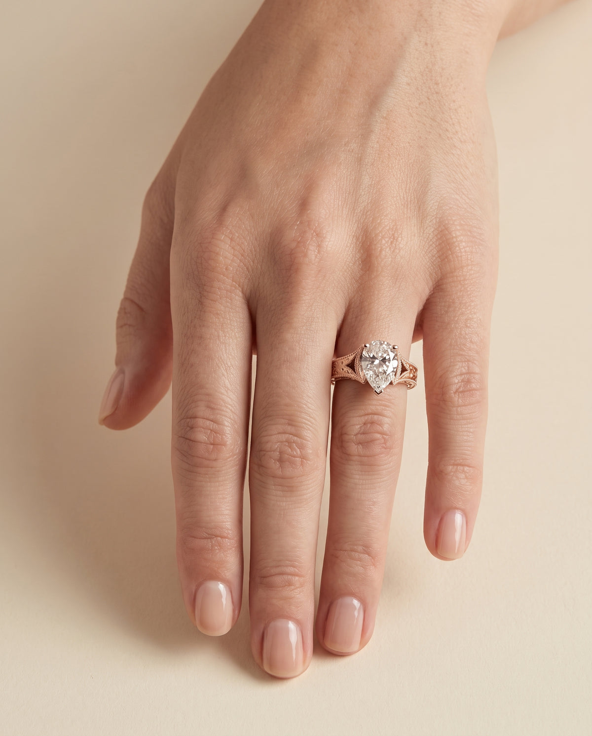 The Janis Hand Engraved Milgrain Vintage Solitaire Pear Engagement Ring Setting in 14K Rose Gold